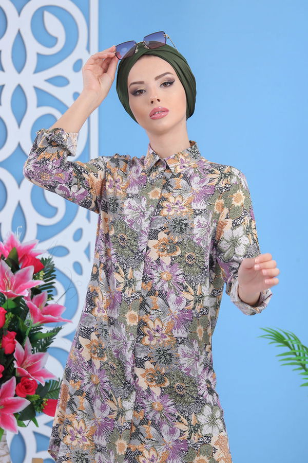Düz Orta Kadın Haki Desenli Tunik Haki  - 7535