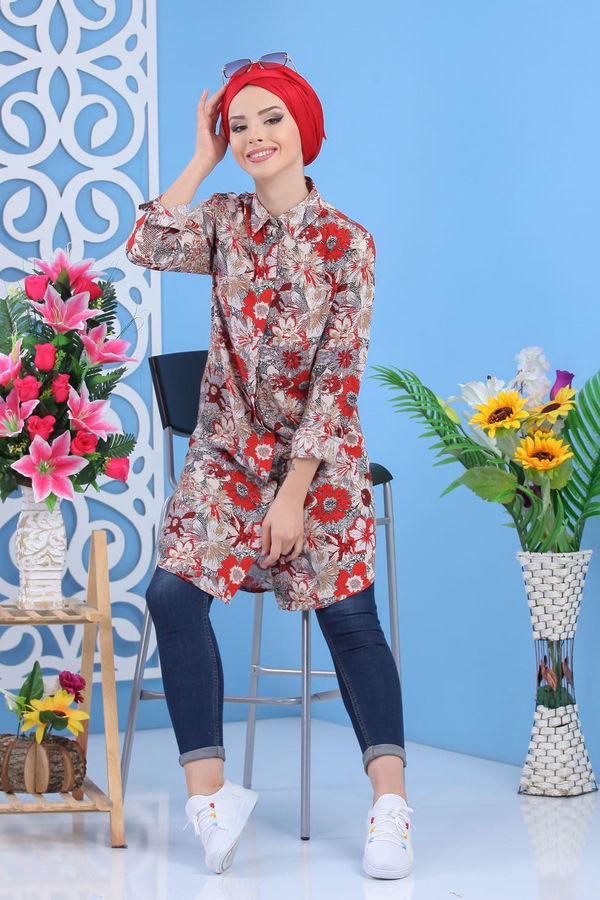 Düz Orta Kadın Bordo Desenli Tunik Haki  - 7535