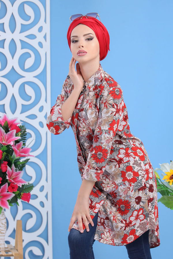 Düz Orta Kadın Bordo Desenli Tunik Haki  - 7535