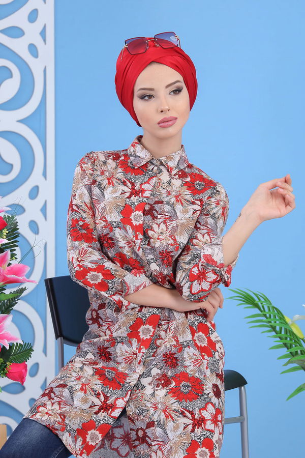 Düz Orta Kadın Bordo Desenli Tunik Haki  - 7535