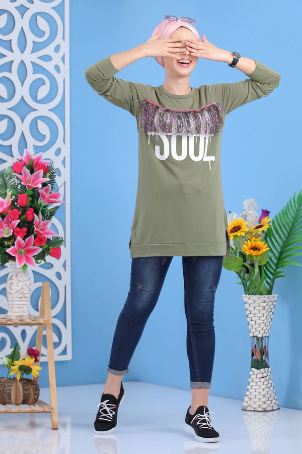 Düz Orta Kadın Haki Püsküllü Tunik Haki - 02 5118 - 5118