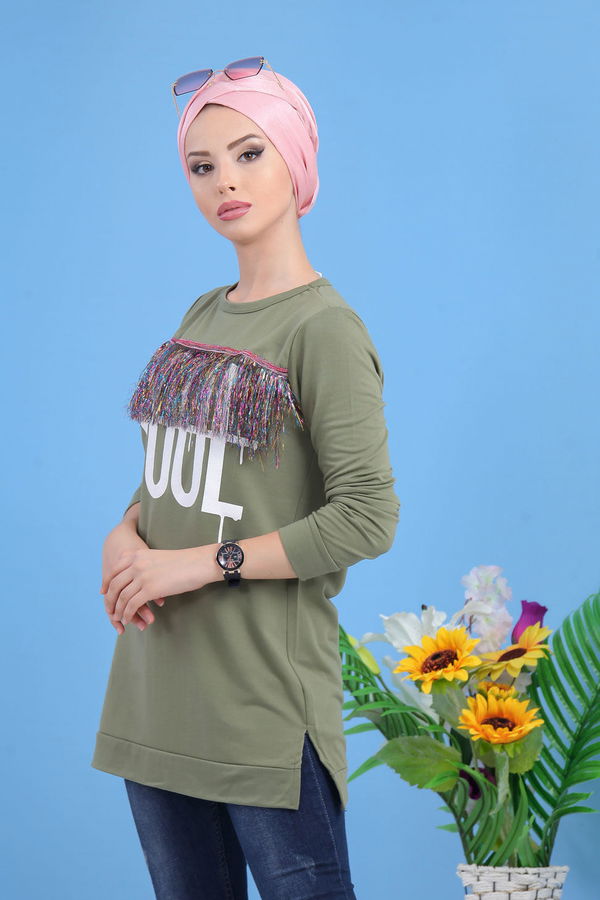 Düz Orta Kadın Haki Püsküllü Tunik Haki - 02 5118 - 5118