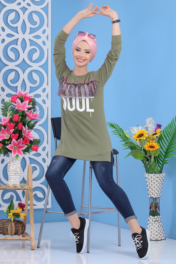 Düz Orta Kadın Haki Püsküllü Tunik Haki - 02 5118 - 5118