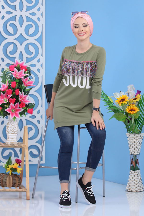 Düz Orta Kadın Haki Püsküllü Tunik Haki - 02 5118 - 5118