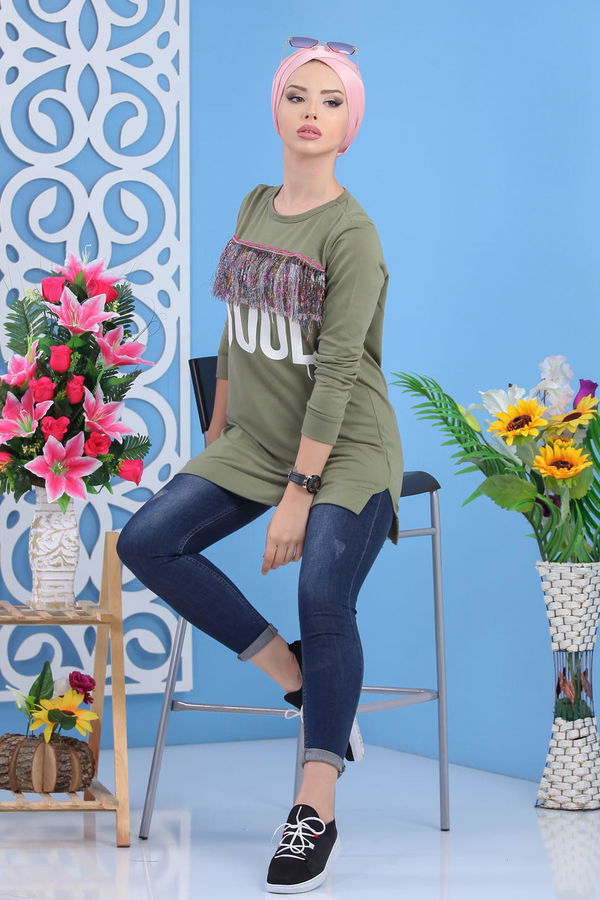 Düz Orta Kadın Haki Püsküllü Tunik Haki - 02 5118 - 5118