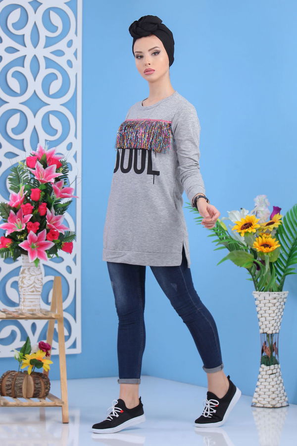 Düz Orta Kadın Gri Püsküllü Tunik Gri - 02 5118 - 5118 GRİ