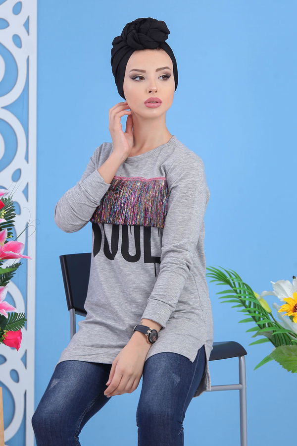Düz Orta Kadın Gri Püsküllü Tunik Gri - 02 5118 - 5118 GRİ