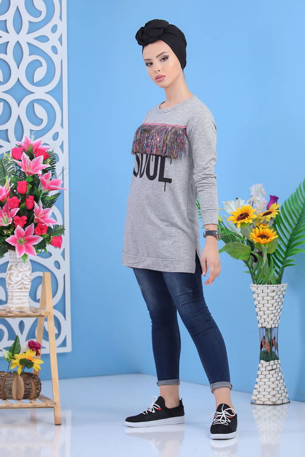 Düz Orta Kadın Gri Püsküllü Tunik Gri - 02 5118 - 5118 GRİ