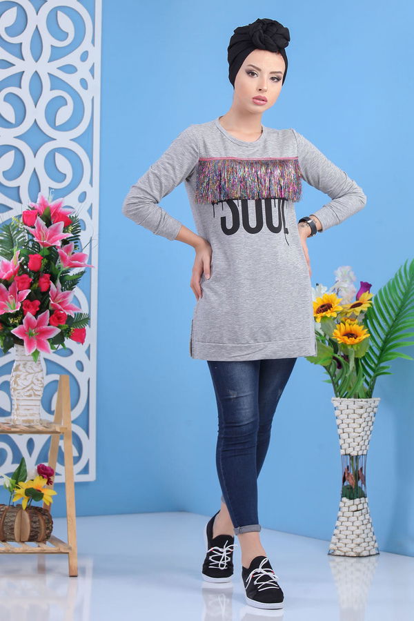Düz Orta Kadın Gri Püsküllü Tunik Gri - 02 5118 - 5118 GRİ