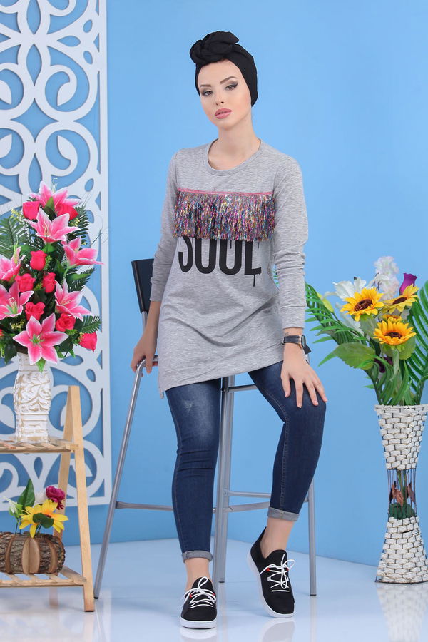 Düz Orta Kadın Gri Püsküllü Tunik Gri - 02 5118 - 5118 GRİ