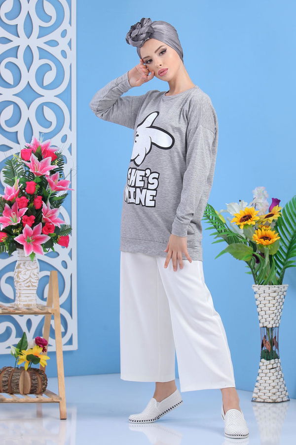 Düz Orta Kadın Gri Baskılı Tunik Siyah  - 5099