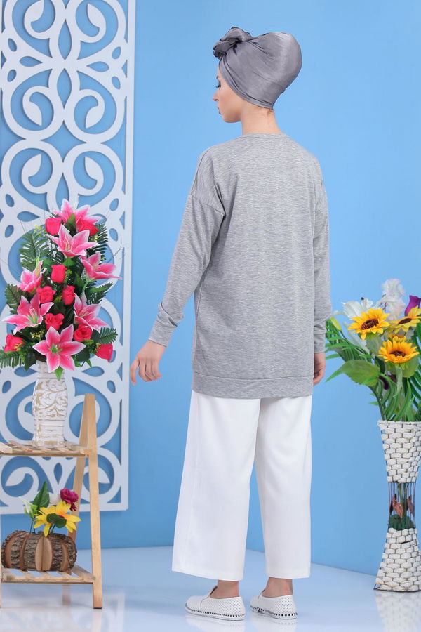 Düz Orta Kadın Gri Baskılı Tunik Siyah  - 5099