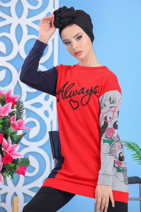 Düz Orta Kadın Kırmızı Baskılı Tunik Kırmızı - 03 5120 - 5120