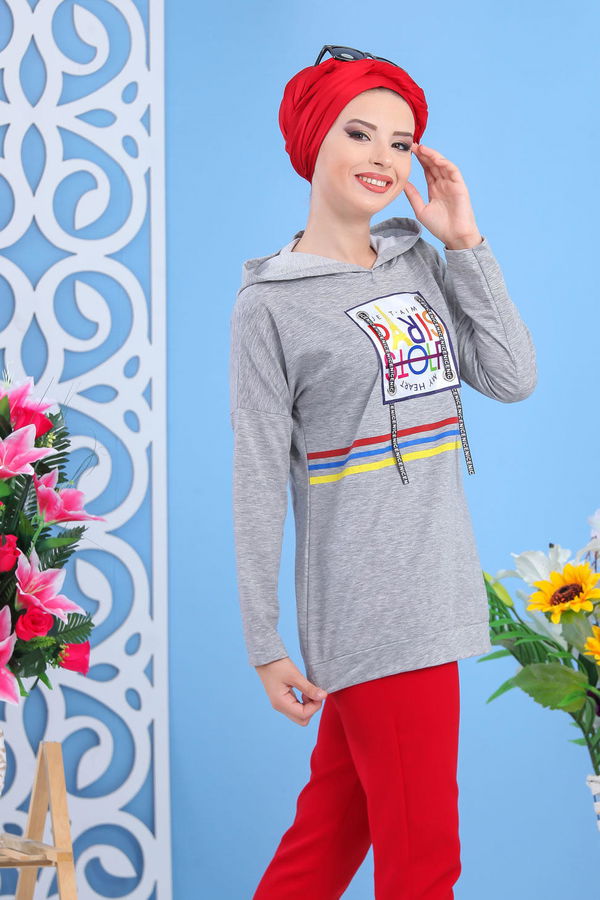 Düz Orta Kadın Gri Kapşonlu Baskılı Tunik Gri - 03 5119 - 5119