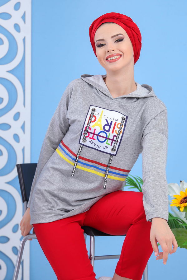 Düz Orta Kadın Gri Kapşonlu Baskılı Tunik Gri - 03 5119 - 5119