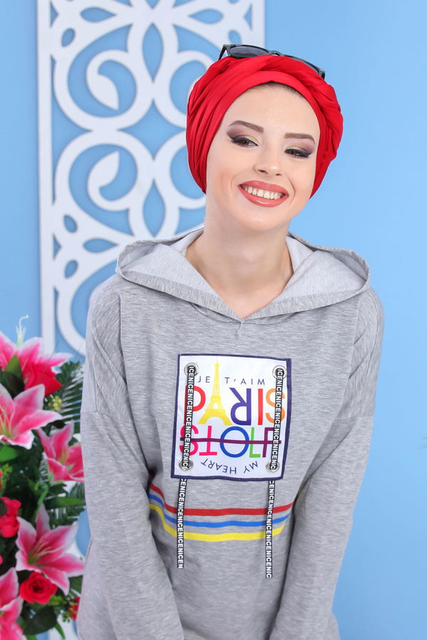 Düz Orta Kadın Gri Kapşonlu Baskılı Tunik Gri - 03 5119 - 5119