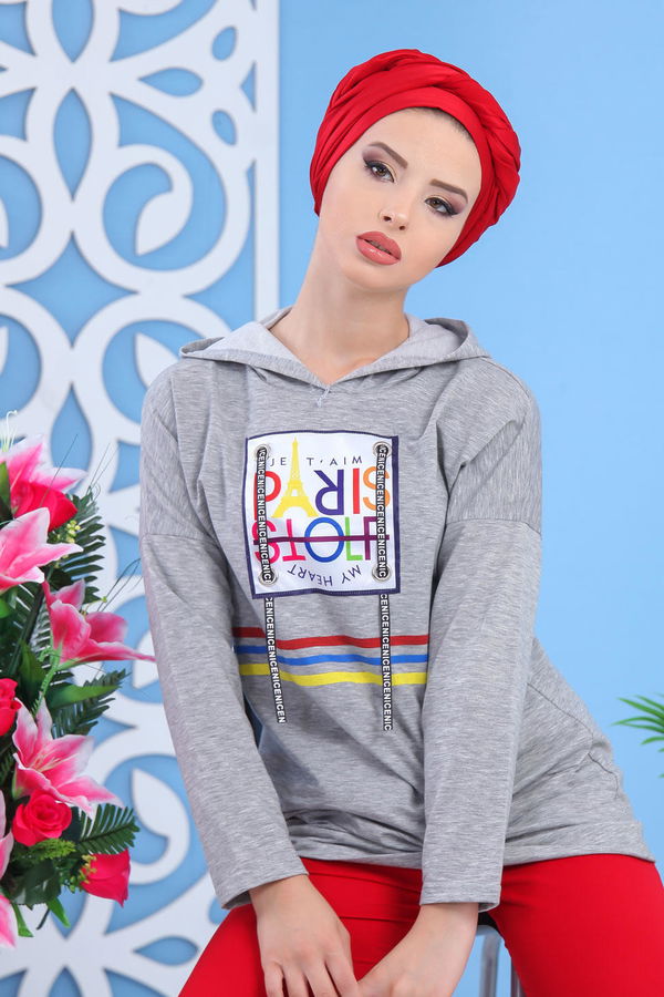 Düz Orta Kadın Gri Kapşonlu Baskılı Tunik Gri - 03 5119 - 5119