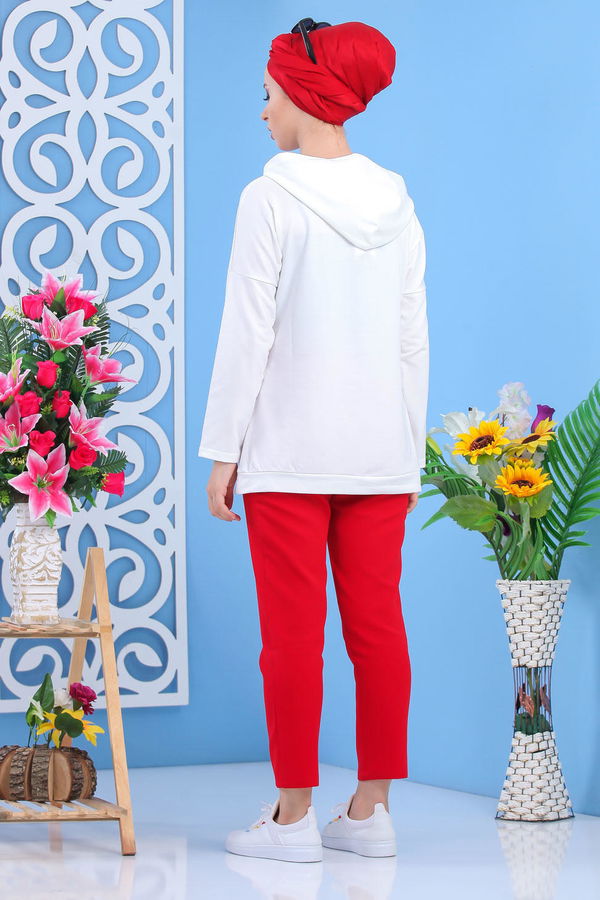 Düz Orta Kadın Bej Kapşonlu Baskılı Tunik Krem Rengi - 03 5119 - 5119 BEJ