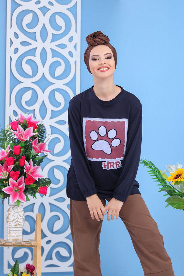 Düz Orta Kadın Lacivert Baskılı Tunik Haki  - 5111 LACİVERT