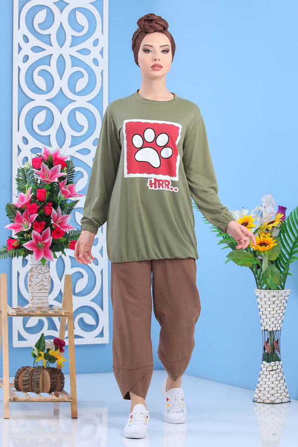 Düz Orta Kadın Haki Baskılı Tunik Haki  - 5111 HAKİ