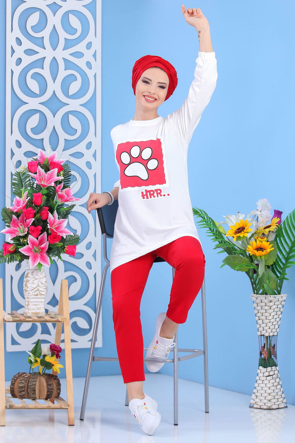 Düz Orta Kadın Bej Baskılı Tunik Haki  - 5111 BEJ