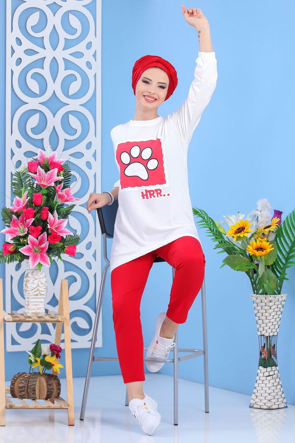Düz Orta Kadın Bej Baskılı Tunik Haki  - 5111 BEJ