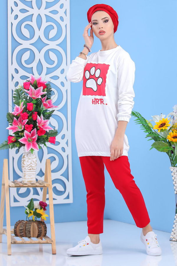 Düz Orta Kadın Bej Baskılı Tunik Haki  - 5111 BEJ