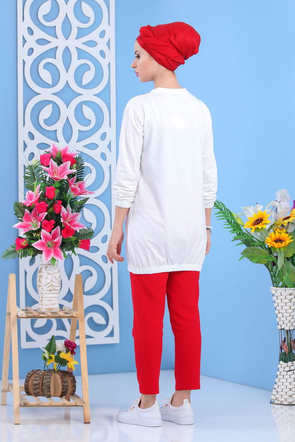 Düz Orta Kadın Bej Baskılı Tunik Haki  - 5111 BEJ