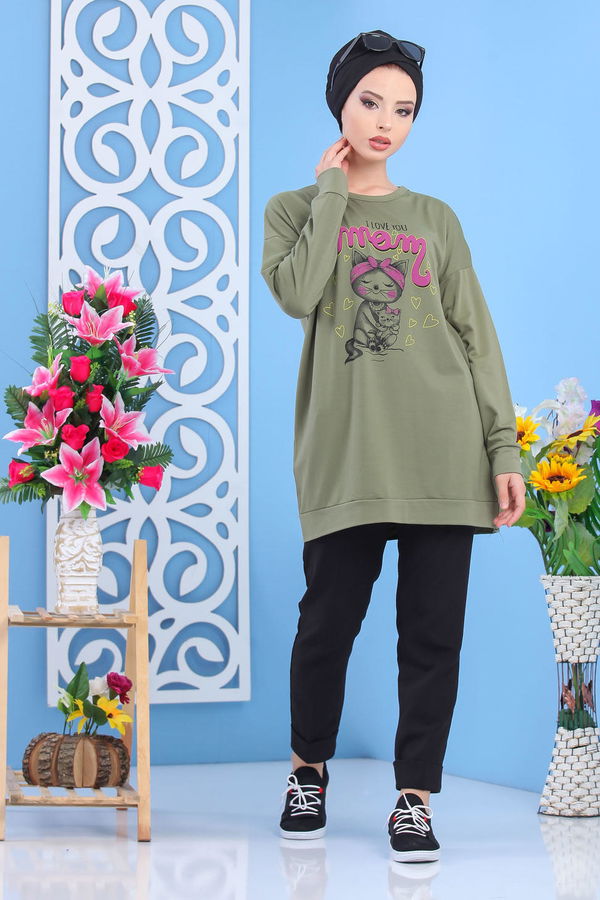 Düz Orta Kadın Haki Baskılı Tunik Siyah 02 5106 - 5106 HAKİ