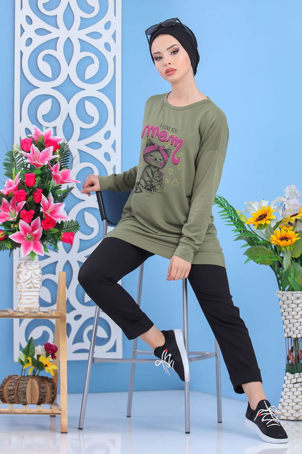 Düz Orta Kadın Haki Baskılı Tunik Siyah 02 5106 - 5106 HAKİ