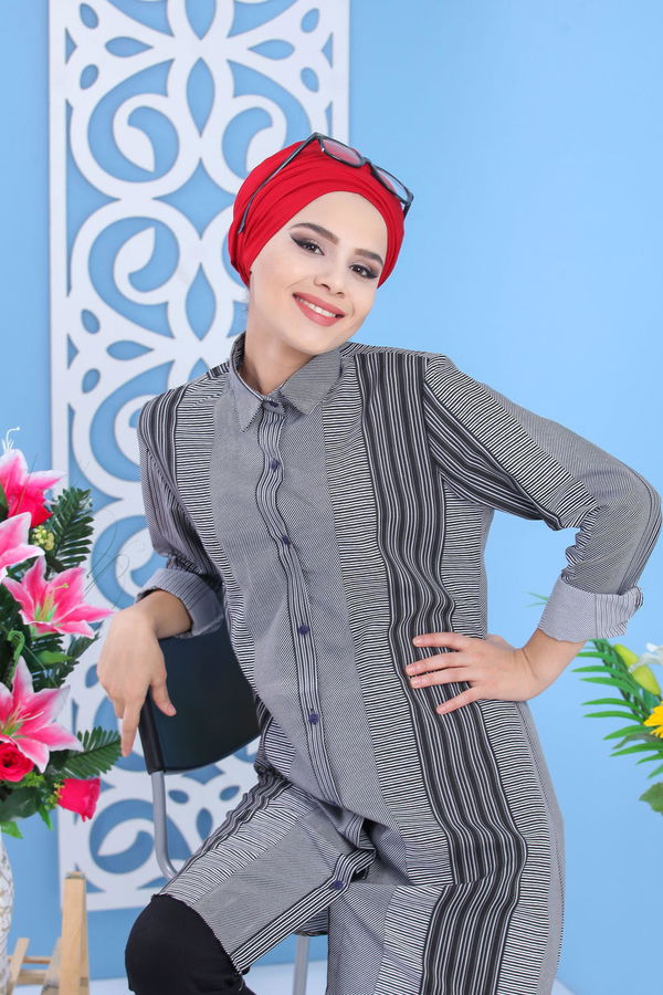 Düz Orta Kadın Siyah Çizgili Tunik  - 7537 SİYAH