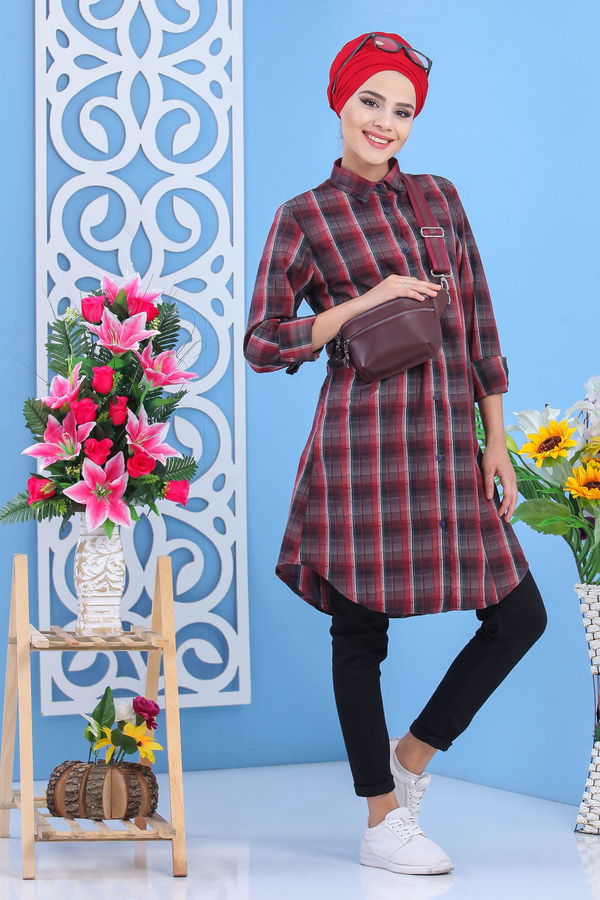 Düz Orta Kadın Bordo Kareli Tunik Bordo  - 7539 BORDO
