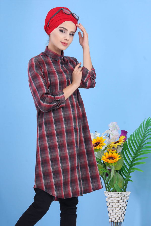 Düz Orta Kadın Bordo Kareli Tunik Bordo  - 7539 BORDO