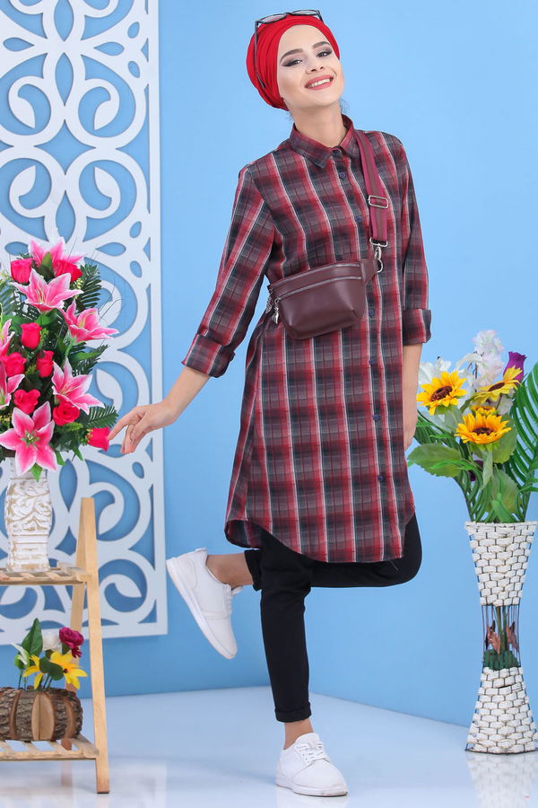 Düz Orta Kadın Bordo Kareli Tunik Bordo  - 7539 BORDO