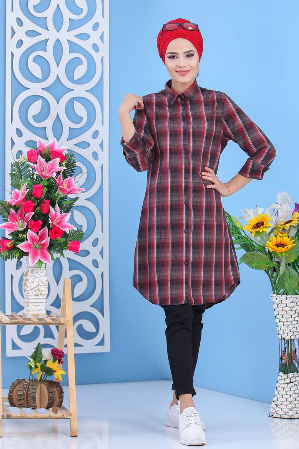 Düz Orta Kadın Bordo Kareli Tunik Bordo  - 7539 BORDO