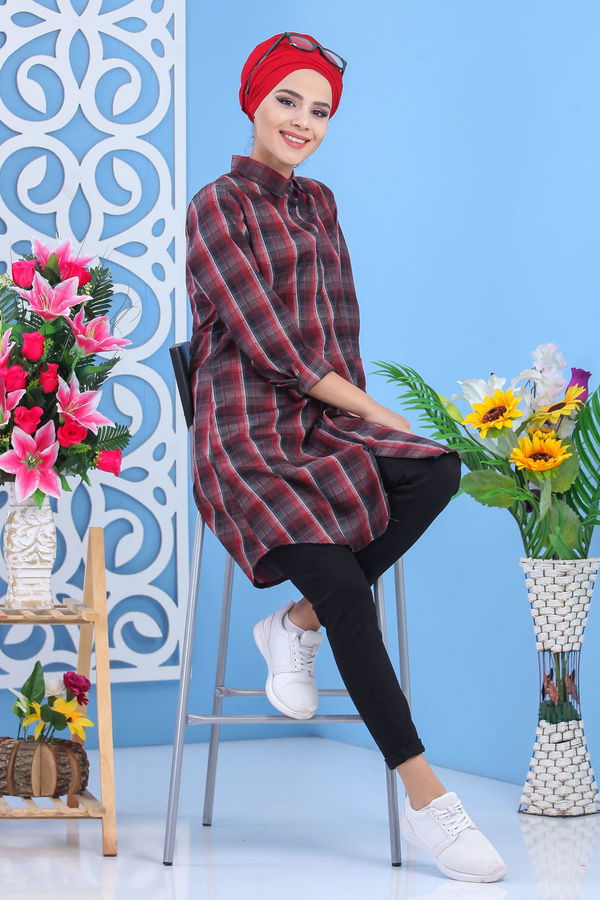 Düz Orta Kadın Bordo Kareli Tunik Bordo  - 7539 BORDO