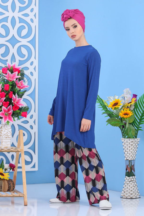 Düz Orta Kadın Mavi Tunik Pantolon Saks  - 7558 MAVİ
