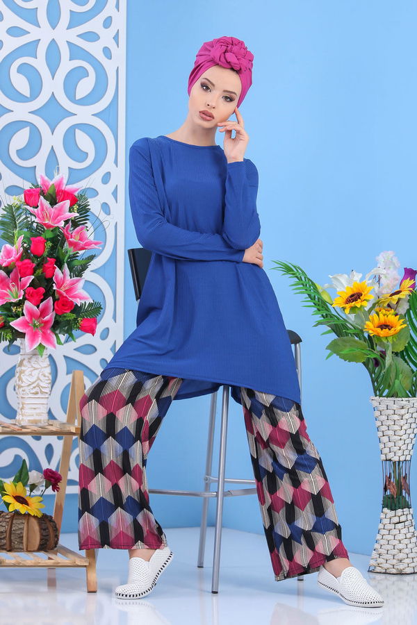 Düz Orta Kadın Mavi Tunik Pantolon Saks  - 7558 MAVİ