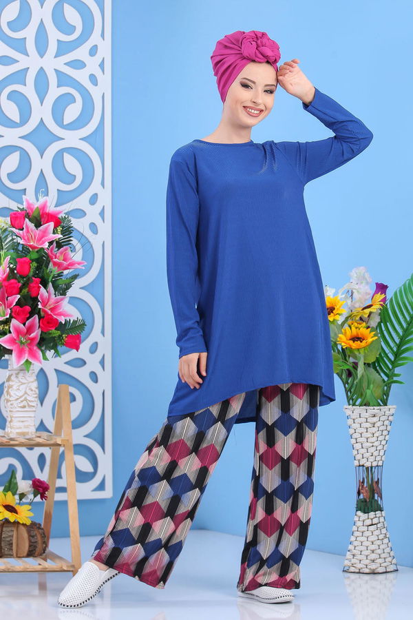 Düz Orta Kadın Mavi Tunik Pantolon Saks  - 7558 MAVİ