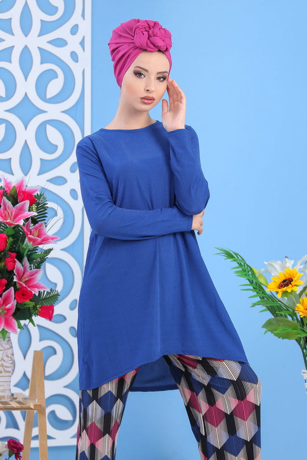 Düz Orta Kadın Mavi Tunik Pantolon Saks  - 7558 MAVİ