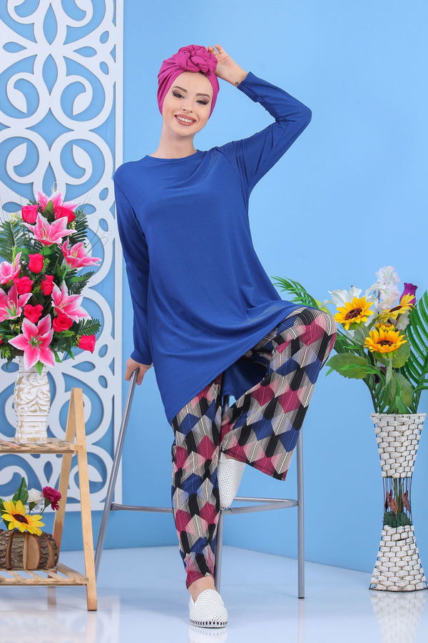 Düz Orta Kadın Mavi Tunik Pantolon Saks  - 7558 MAVİ