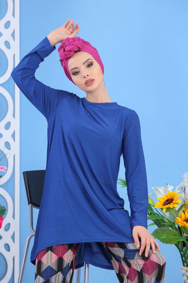 Düz Orta Kadın Mavi Tunik Pantolon Saks  - 7558 MAVİ