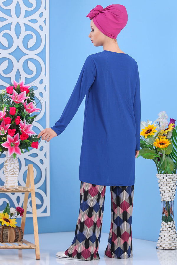 Düz Orta Kadın Mavi Tunik Pantolon Saks  - 7558 MAVİ