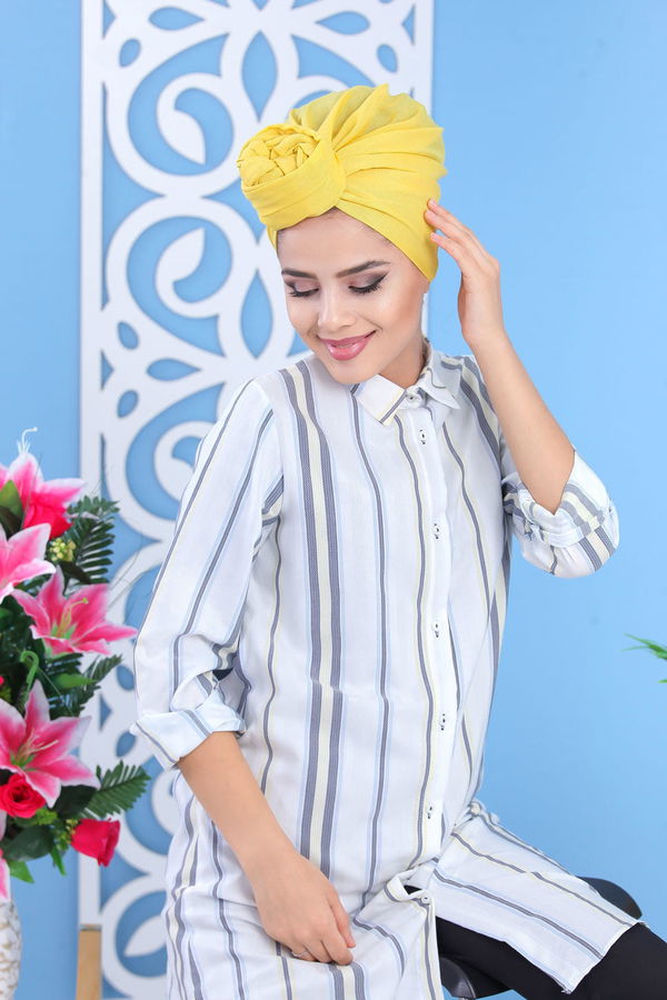 Düz Orta Kadın Sarı Tunik Fuşya  - 7565