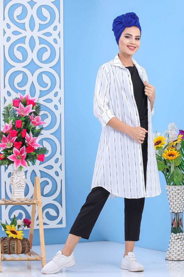 Düz Orta Kadın Beyaz Çizgili Tunik Beyaz  - 7574 BEYAZ