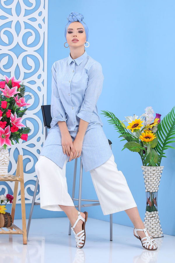 Düz Orta Kadın Mavi Tunik Bebe Mavi  - 7570 MAVİ