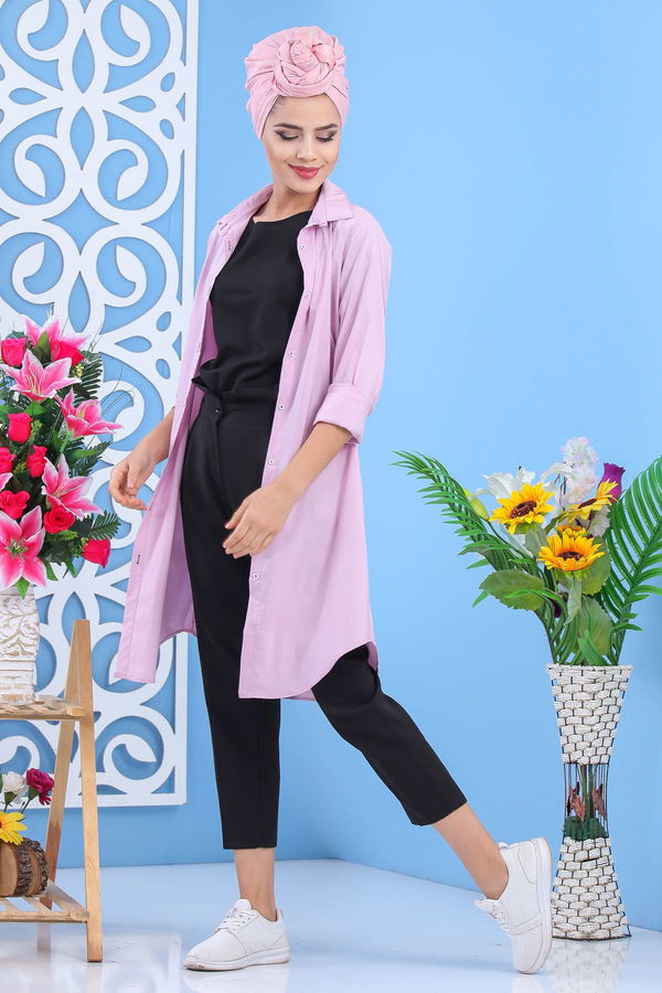 Düz Orta Kadın Pembe Tunik Siyah  - 7567 PEMBE