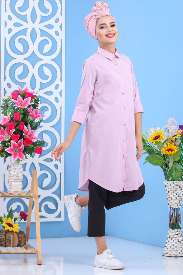 Düz Orta Kadın Pembe Tunik Siyah  - 7567 PEMBE