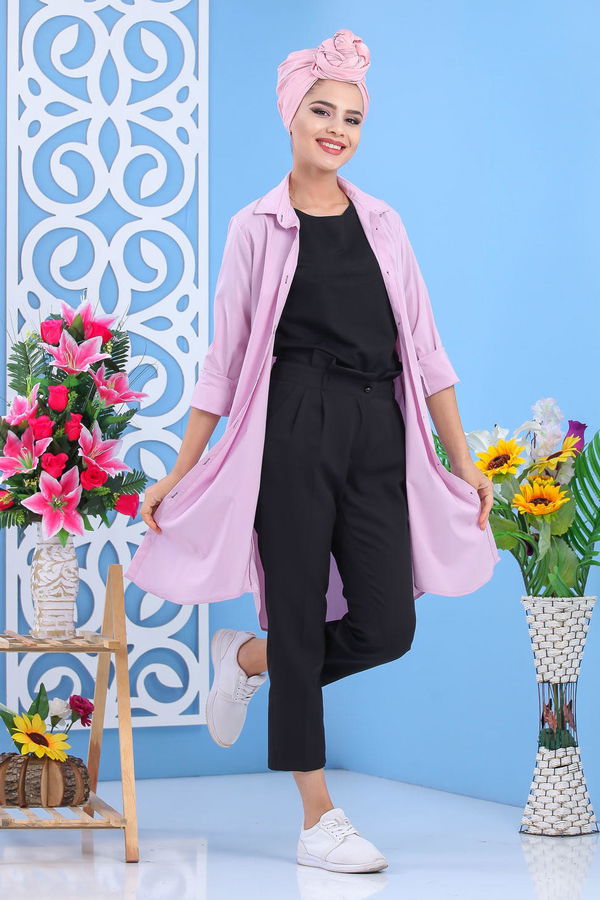 Düz Orta Kadın Pembe Tunik Siyah  - 7567 PEMBE