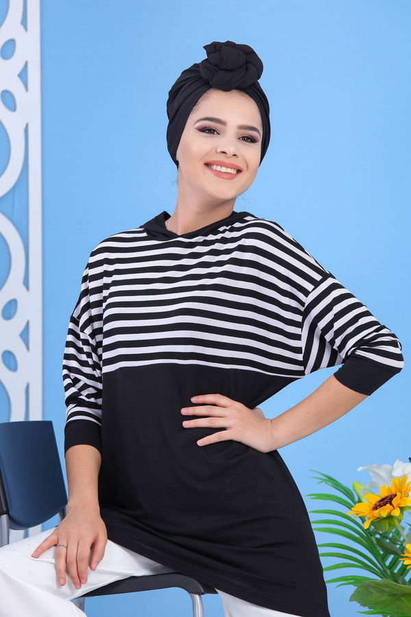 Düz Orta Kadın Siyah Kapşonlu Tunik Siyah  - 5155 SİYAH